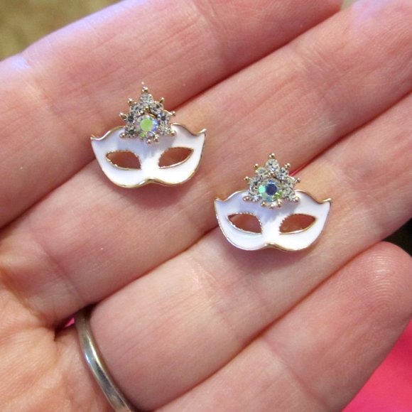 Phantom of the Opera Earrings Mask~White & AB~Masquerade Theater~Hypoallergenic - Picture 3 of 5